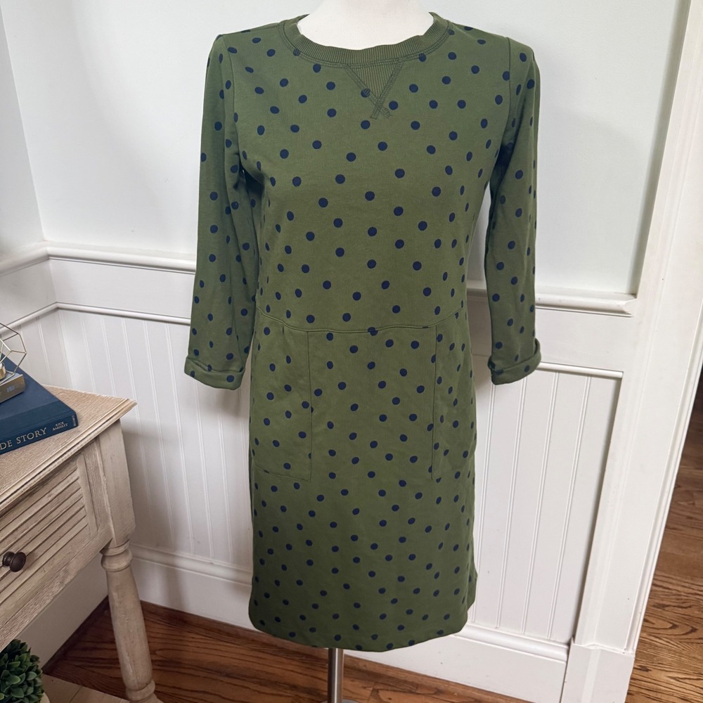 Boden Olive Green Polka Dot Sweatshirt Dress Navy Blue Pockets J0726 Womens 6R